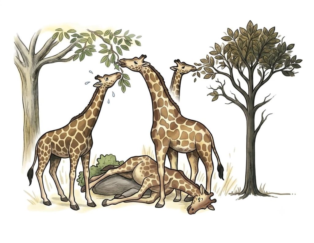 Illustratie van giraffen die bladeren eten van bomen, met een liggende giraffe op de voorgrond