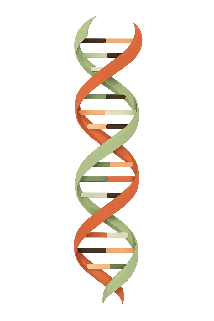 Illustratie van een DNA-dubbele-helix in 3D-stijl, in de huisstijlkleuren sage-groen en terracotta