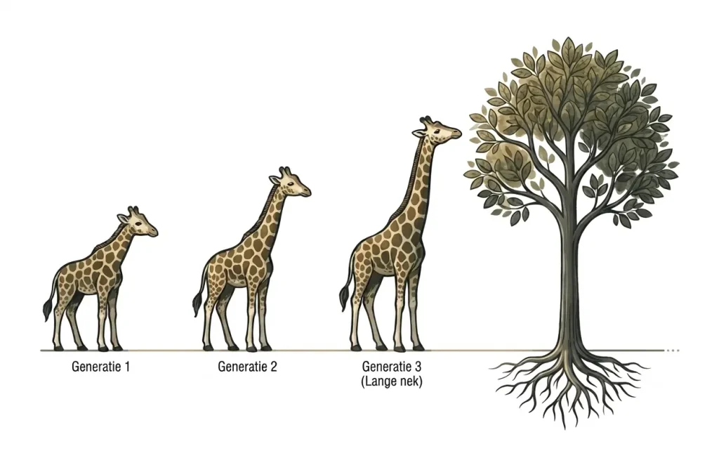 Illustratie van drie generaties giraffen met steeds langere nek, van kort naar lang naast een volle boom