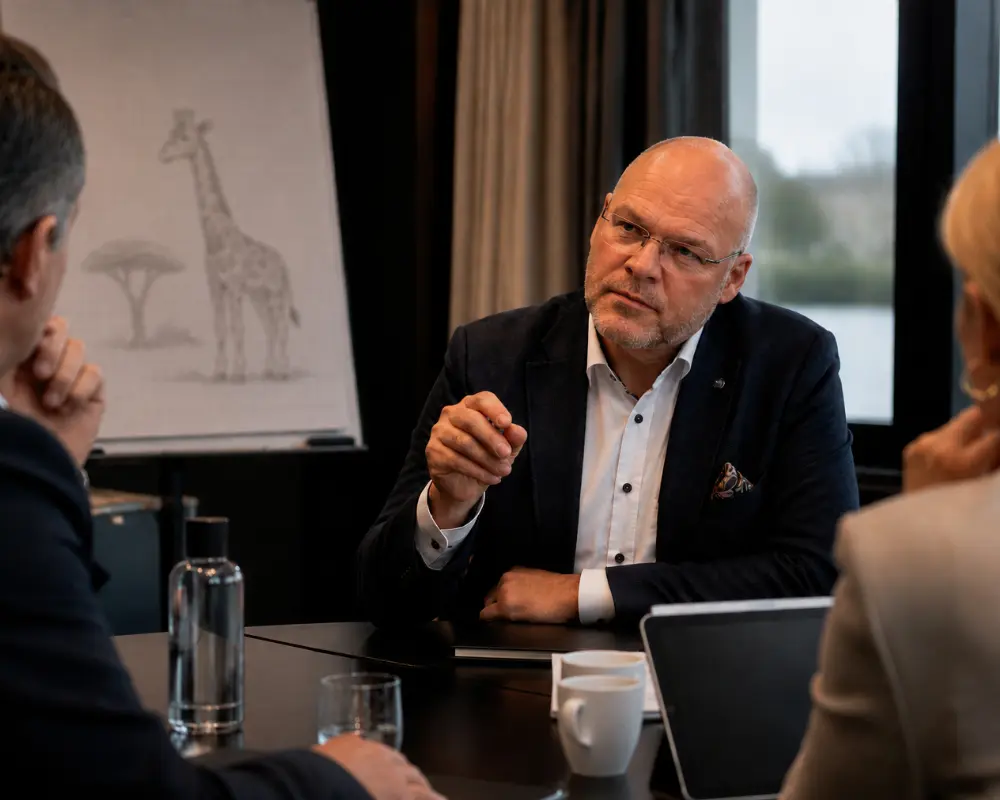 Woody van Olffen in gesprek tijdens boardroom advisering